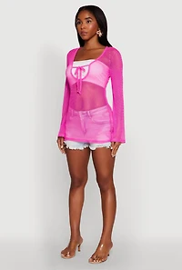 Womens Fishnet Tie Front Keyhole Long Sleeve Top, Pink, Size L