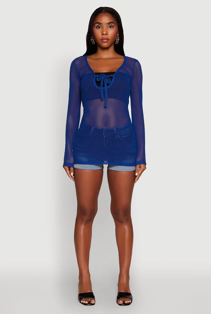 Fishnet Tie Front Keyhole Long Sleeve Top