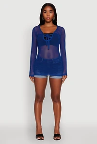 Fishnet Tie Front Keyhole Long Sleeve Top