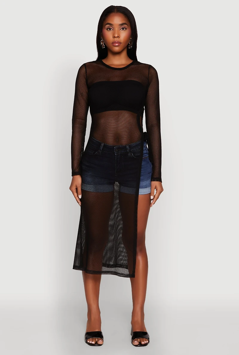 Womens Fishnet Drawstring Keyhole Side Slit Maxi Top,