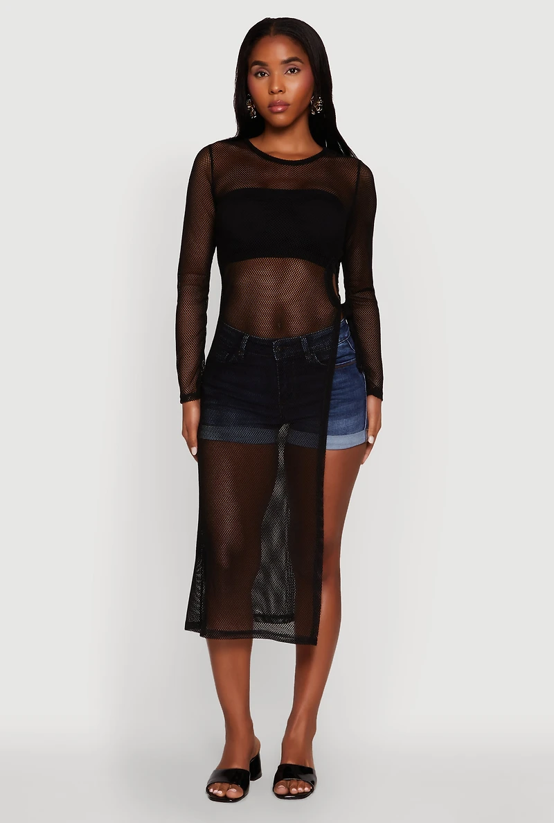Womens Fishnet Drawstring Keyhole Side Slit Maxi Top,