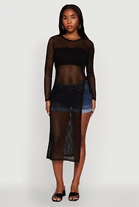 Womens Fishnet Drawstring Keyhole Side Slit Maxi Top,