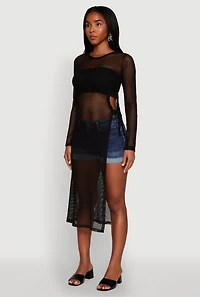 Womens Fishnet Drawstring Keyhole Side Slit Maxi Top,