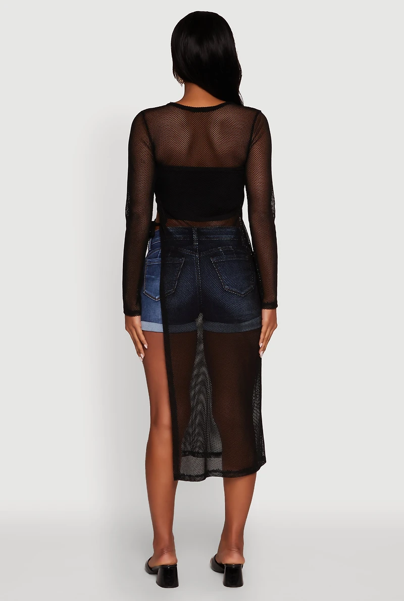Womens Fishnet Drawstring Keyhole Side Slit Maxi Top,