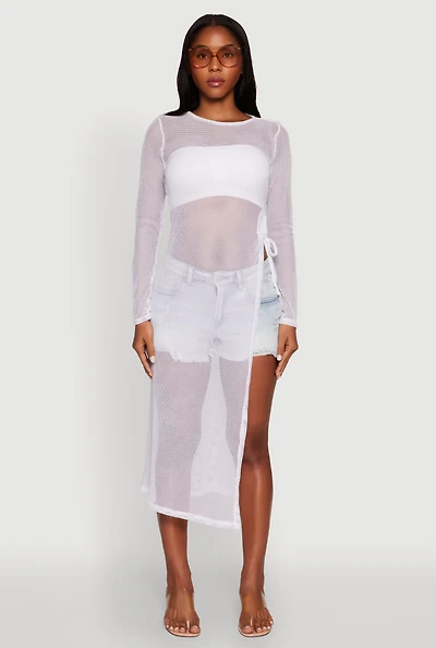 Fishnet Drawstring Keyhole Side Slit Maxi Top