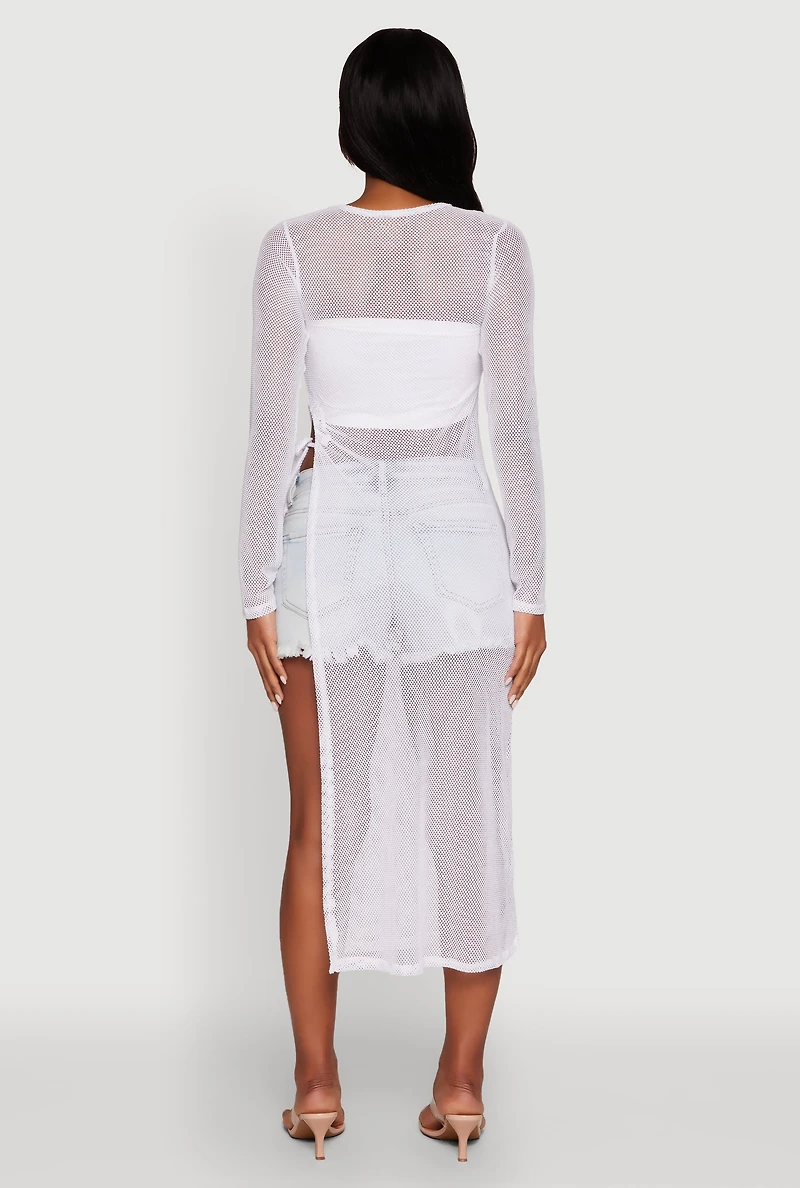 Fishnet Drawstring Keyhole Side Slit Maxi Top