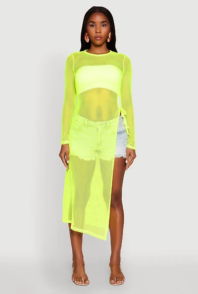 Womens Fishnet Drawstring Keyhole Side Slit Maxi Top,