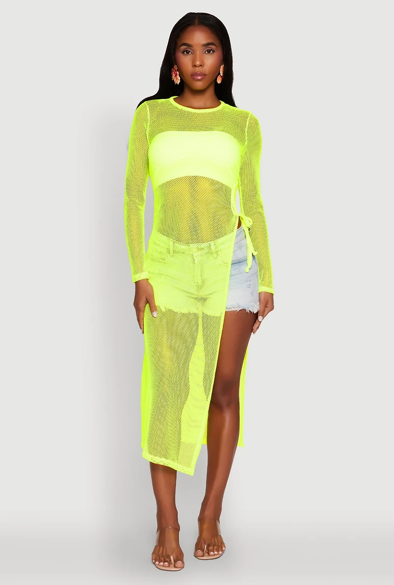 Womens Fishnet Drawstring Keyhole Side Slit Maxi Top,