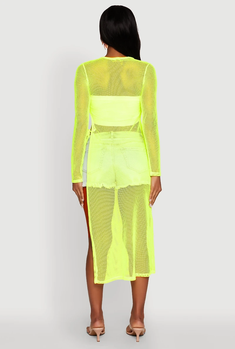 Womens Fishnet Drawstring Keyhole Side Slit Maxi Top,