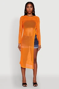 Womens Fishnet Drawstring Keyhole Side Slit Maxi Top, M