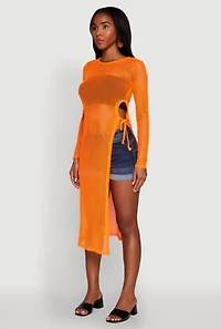Womens Fishnet Drawstring Keyhole Side Slit Maxi Top, M