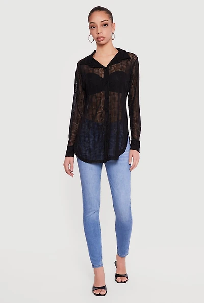 Swirl Mesh Button Front Tunic Shirt