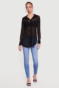 Swirl Mesh Button Front Tunic Shirt