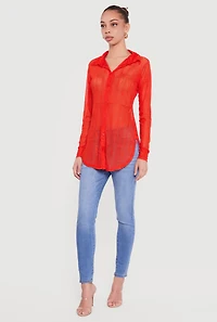 Swirl Mesh Button Front Tunic Shirt