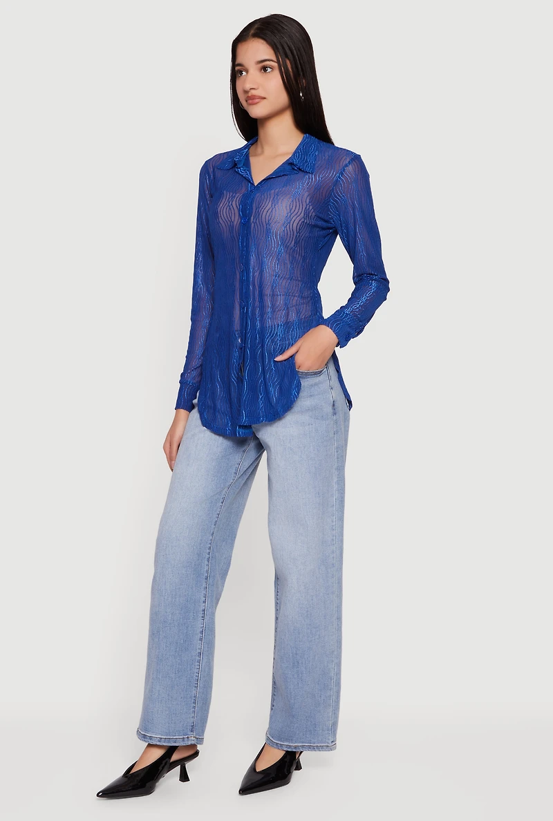 Swirl Mesh Button Front Tunic Shirt