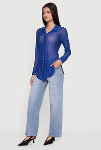 Swirl Mesh Button Front Tunic Shirt