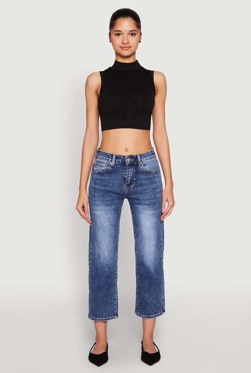 Womens Seamless Cable Knit Mock Neck Cropped Tank Top,