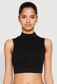 Womens Seamless Cable Knit Mock Neck Cropped Tank Top,