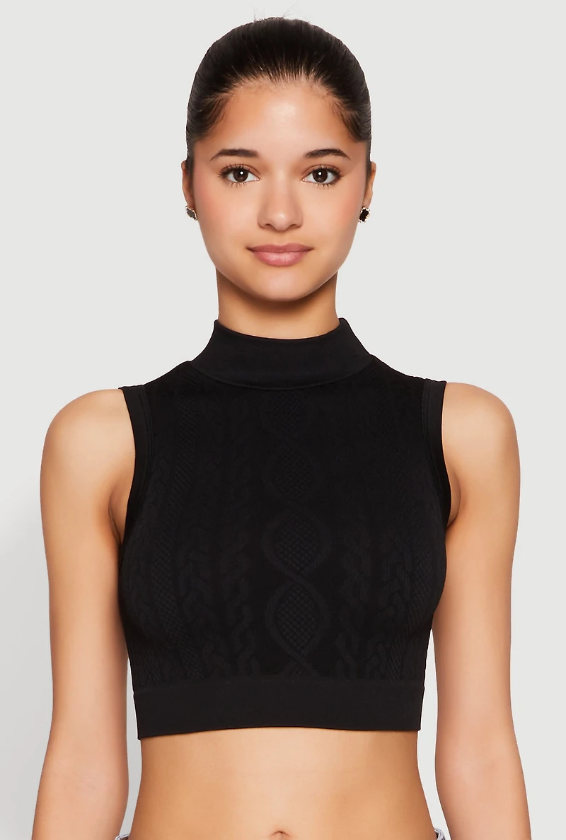 Womens Seamless Cable Knit Mock Neck Cropped Tank Top, S