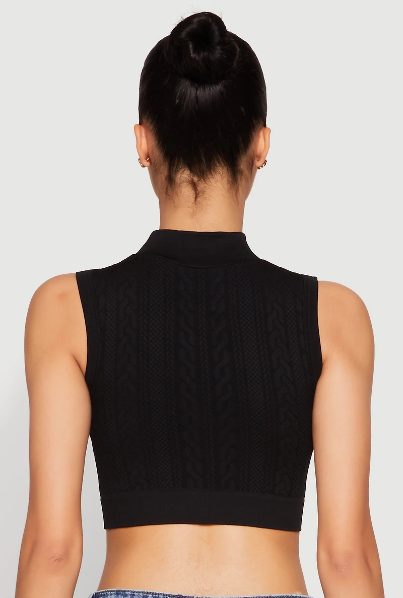 Womens Seamless Cable Knit Mock Neck Cropped Tank Top, S