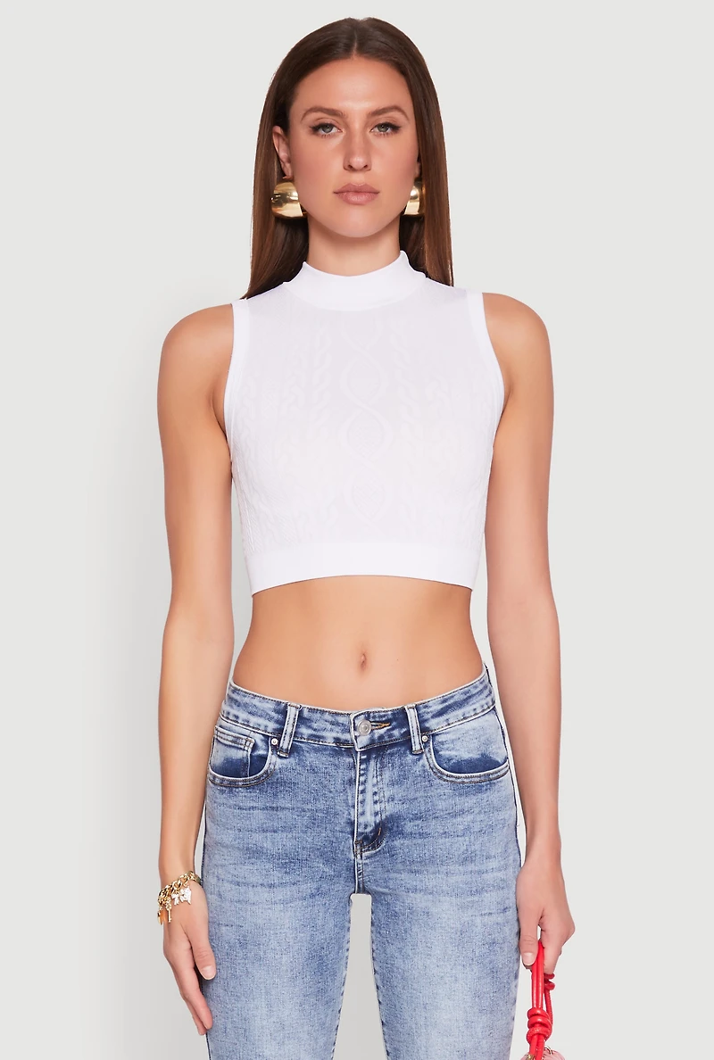 Womens Seamless Cable Knit Mock Neck Cropped Tank Top, White, Size L