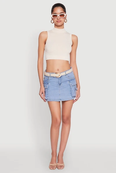 Womens Seamless Cable Knit Mock Neck Cropped Tank Top, Beige, Size M