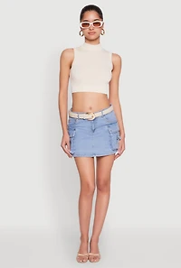 Womens Seamless Cable Knit Mock Neck Cropped Tank Top, Beige, Size M