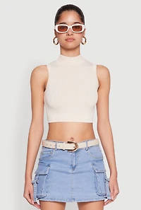 Womens Seamless Cable Knit Mock Neck Cropped Tank Top, L
