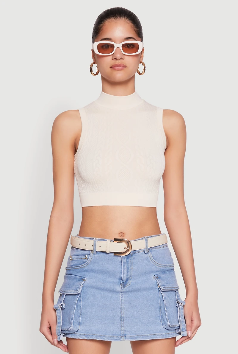 Womens Seamless Cable Knit Mock Neck Cropped Tank Top, S