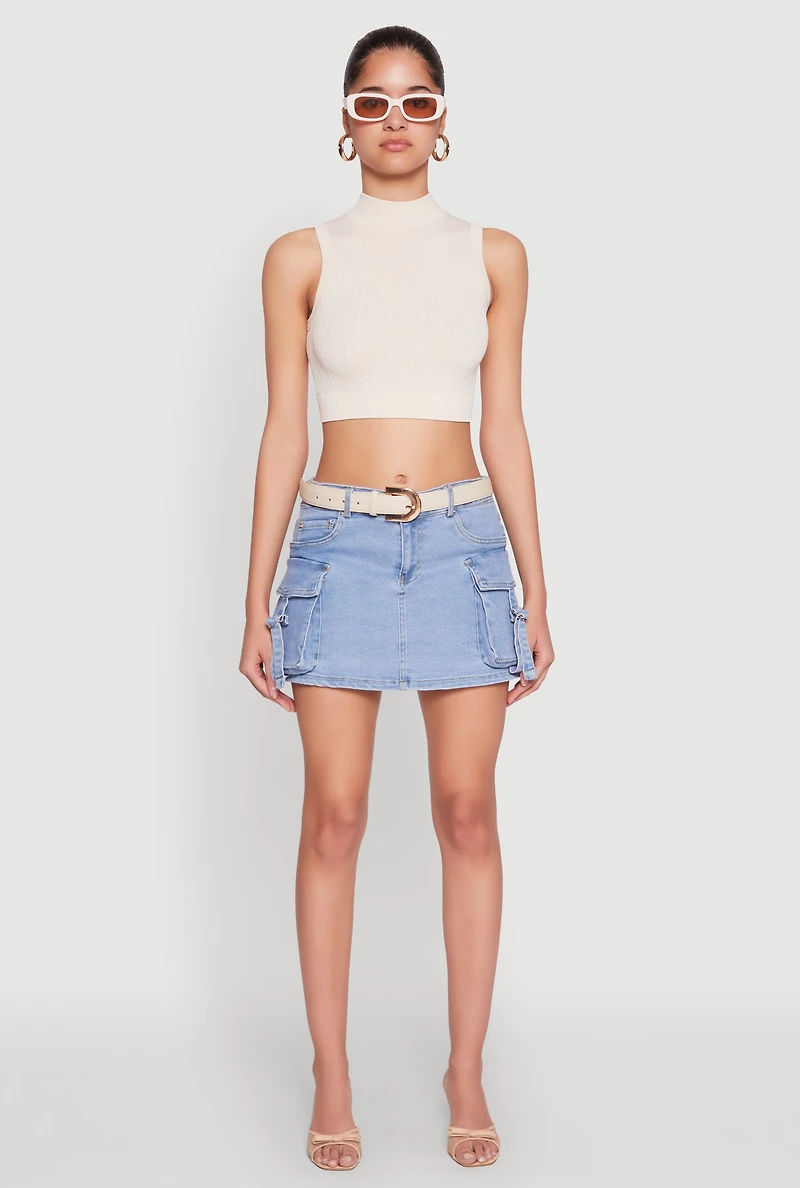 Womens Seamless Cable Knit Mock Neck Cropped Tank Top, Beige, Size M