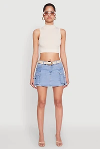 Womens Seamless Cable Knit Mock Neck Cropped Tank Top, Beige, Size M