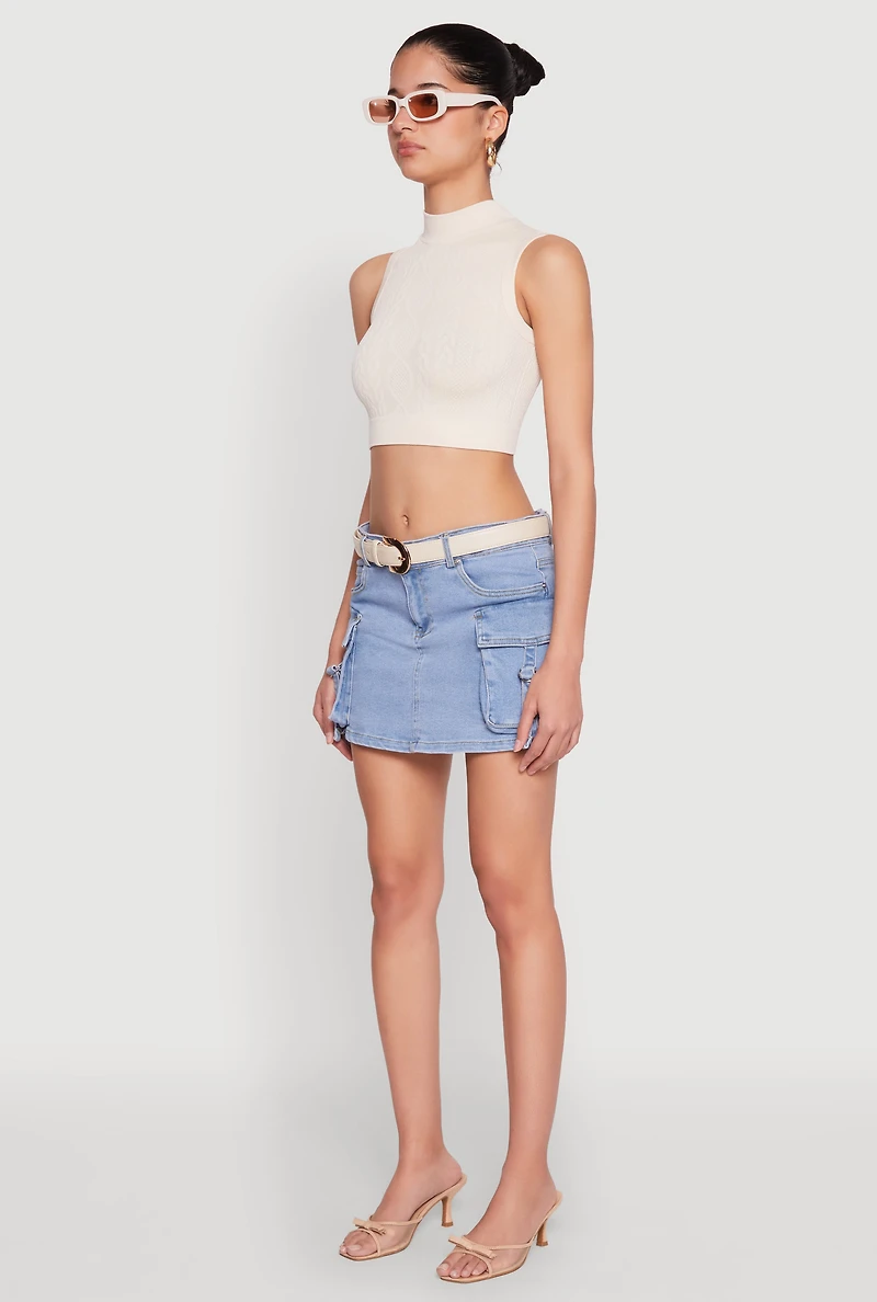 Womens Seamless Cable Knit Mock Neck Cropped Tank Top, Beige, Size M