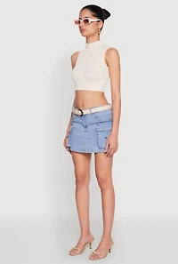 Womens Seamless Cable Knit Mock Neck Cropped Tank Top, Beige, Size M