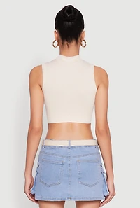 Womens Seamless Cable Knit Mock Neck Cropped Tank Top, Beige, Size M