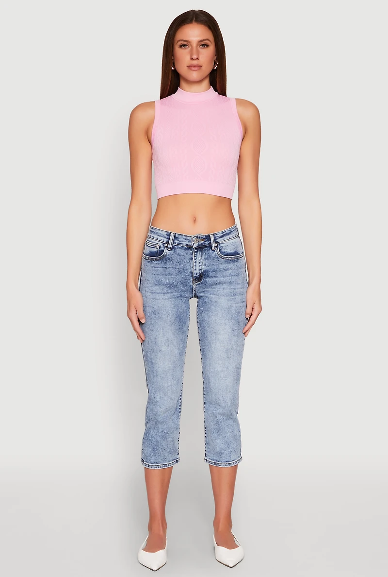 Womens Seamless Cable Knit Mock Neck Cropped Tank Top,
