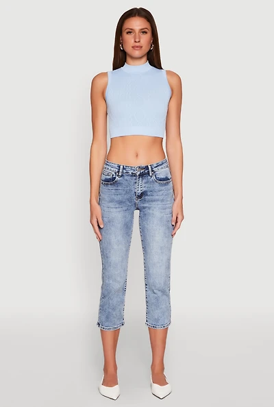 Womens Seamless Cable Knit Mock Neck Cropped Tank Top,