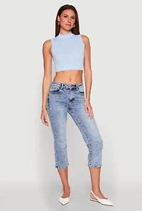 Womens Seamless Cable Knit Mock Neck Cropped Tank Top, Blue, Size S