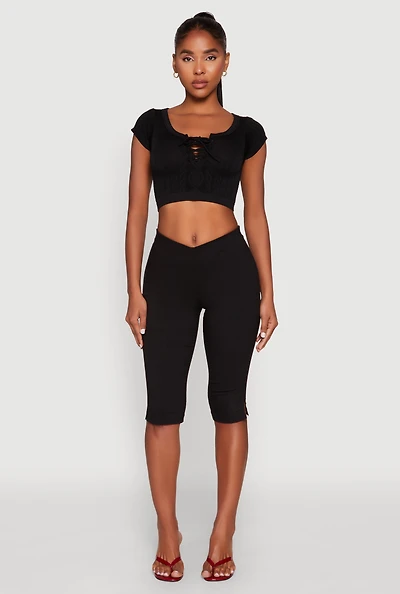 Womens Seamless Lace Up Cable Knit Crop Top, Black,