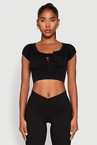 Womens Seamless Lace Up Cable Knit Crop Top, Black,