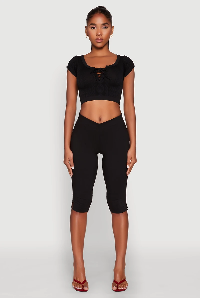 Womens Seamless Lace Up Cable Knit Crop Top, L