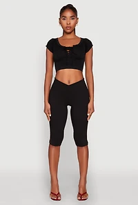Womens Seamless Lace Up Cable Knit Crop Top, L