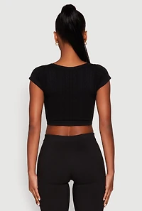 Womens Seamless Lace Up Cable Knit Crop Top, Black,