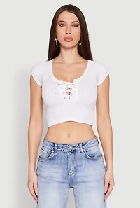 Womens Seamless Lace Up Cable Knit Crop Top, White, Size S