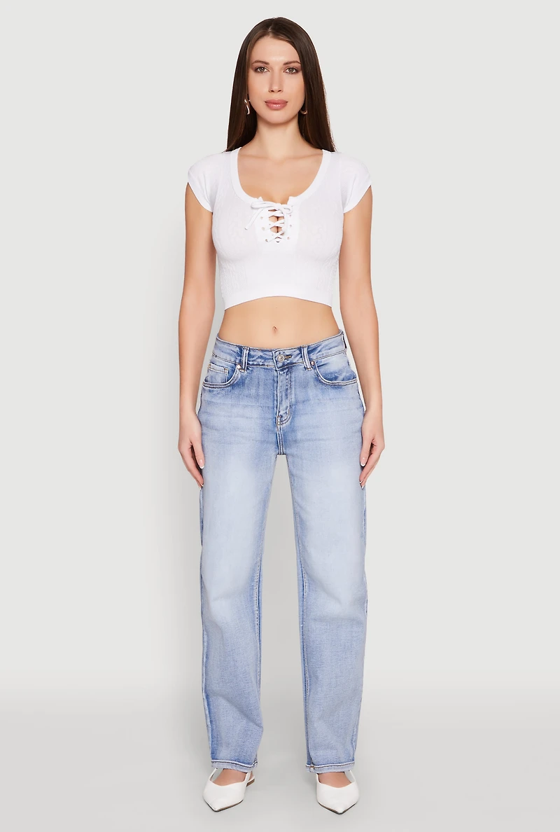 Womens Seamless Lace Up Cable Knit Crop Top, White, Size S