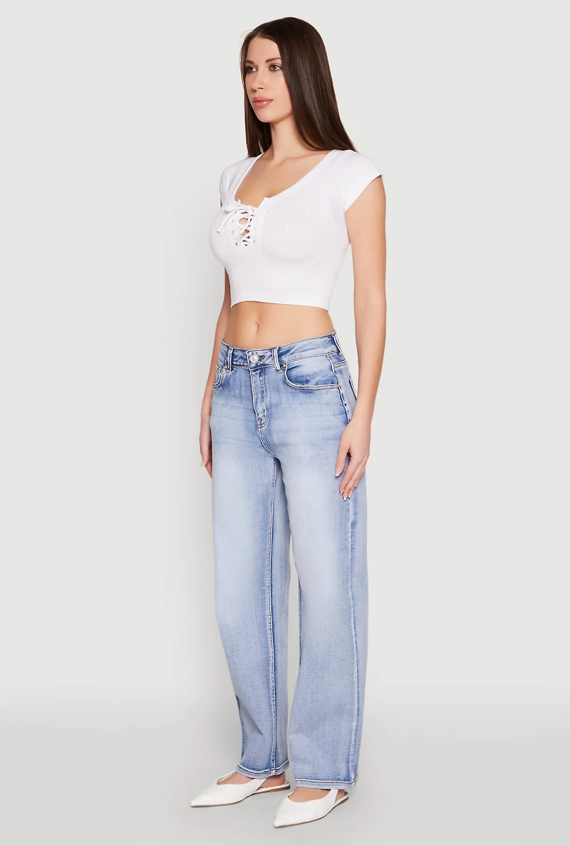 Womens Seamless Lace Up Cable Knit Crop Top, White, Size S