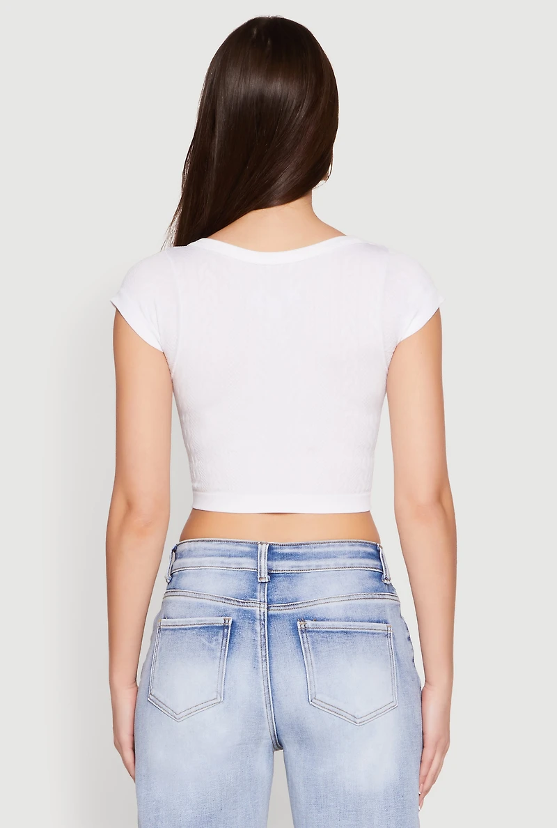 Womens Seamless Lace Up Cable Knit Crop Top, White, Size S