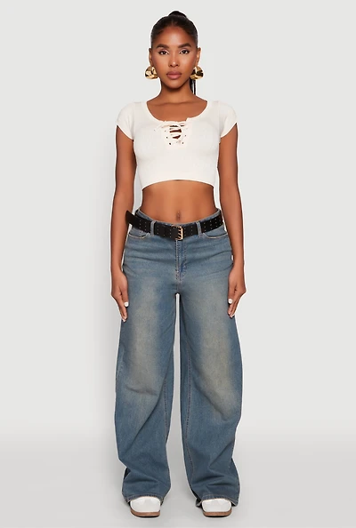 Womens Seamless Lace Up Cable Knit Crop Top,