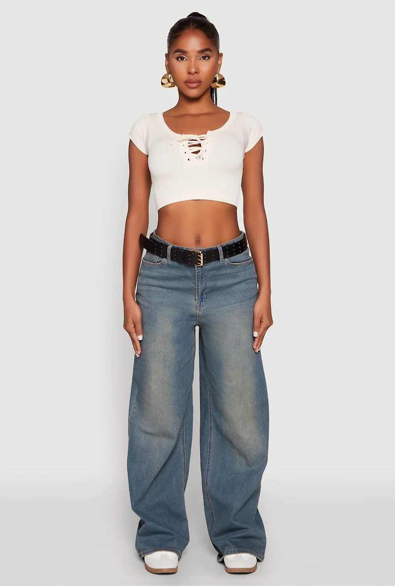 Womens Seamless Lace Up Cable Knit Crop Top,