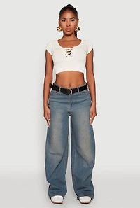Womens Seamless Lace Up Cable Knit Crop Top,