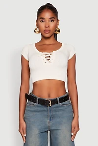 Womens Seamless Lace Up Cable Knit Crop Top, Beige, Size M